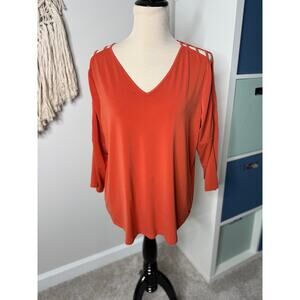 Adrianna Papell Open Peek-A-Boo 3/4 Sleeve Burnt Orange V-Neck Blouse Top XL